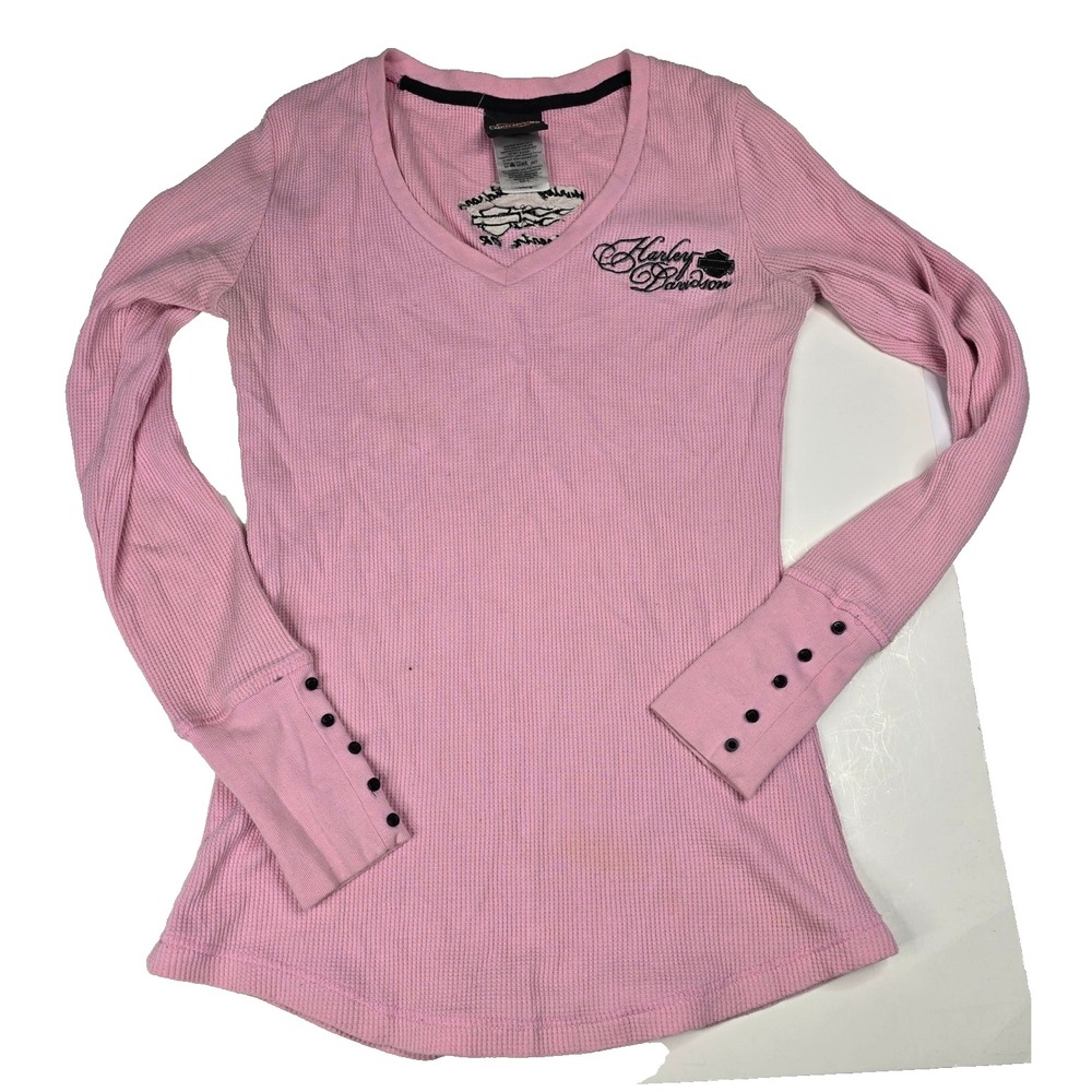 Harley Davidson Womens Pink Thermal Waffle Knit V-Neck Long Sleeve Top HDA5 M
